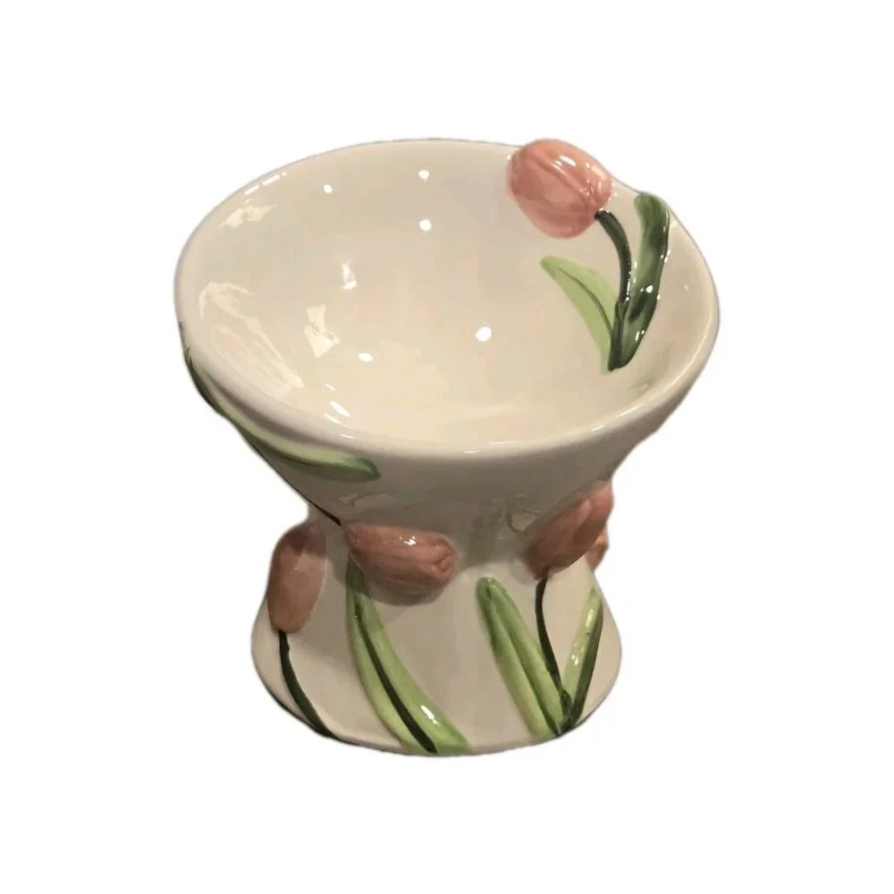 New Pink Tulip Flower Ceramic Raised Tilted Cat Small Dog Pedestal Bowl